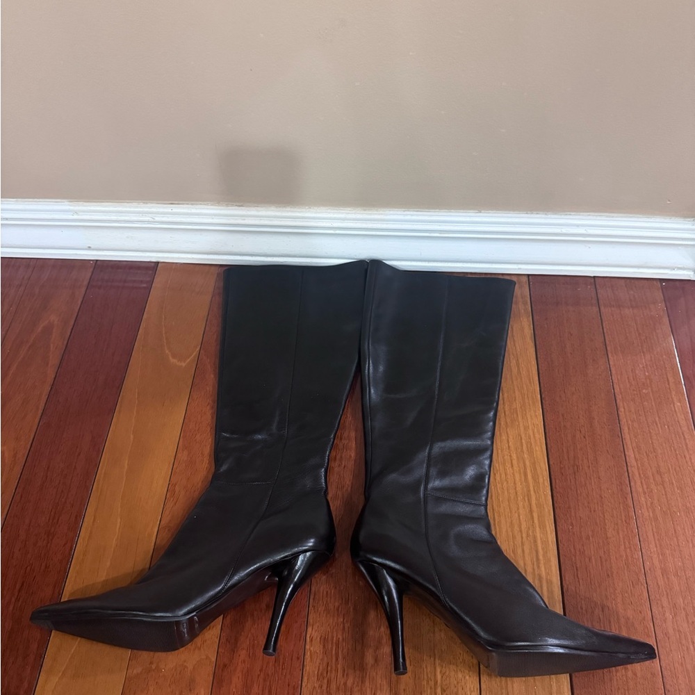 NINE WEST- Women’s Black Leather Knee-High Pointed-Toe Heeled Boots